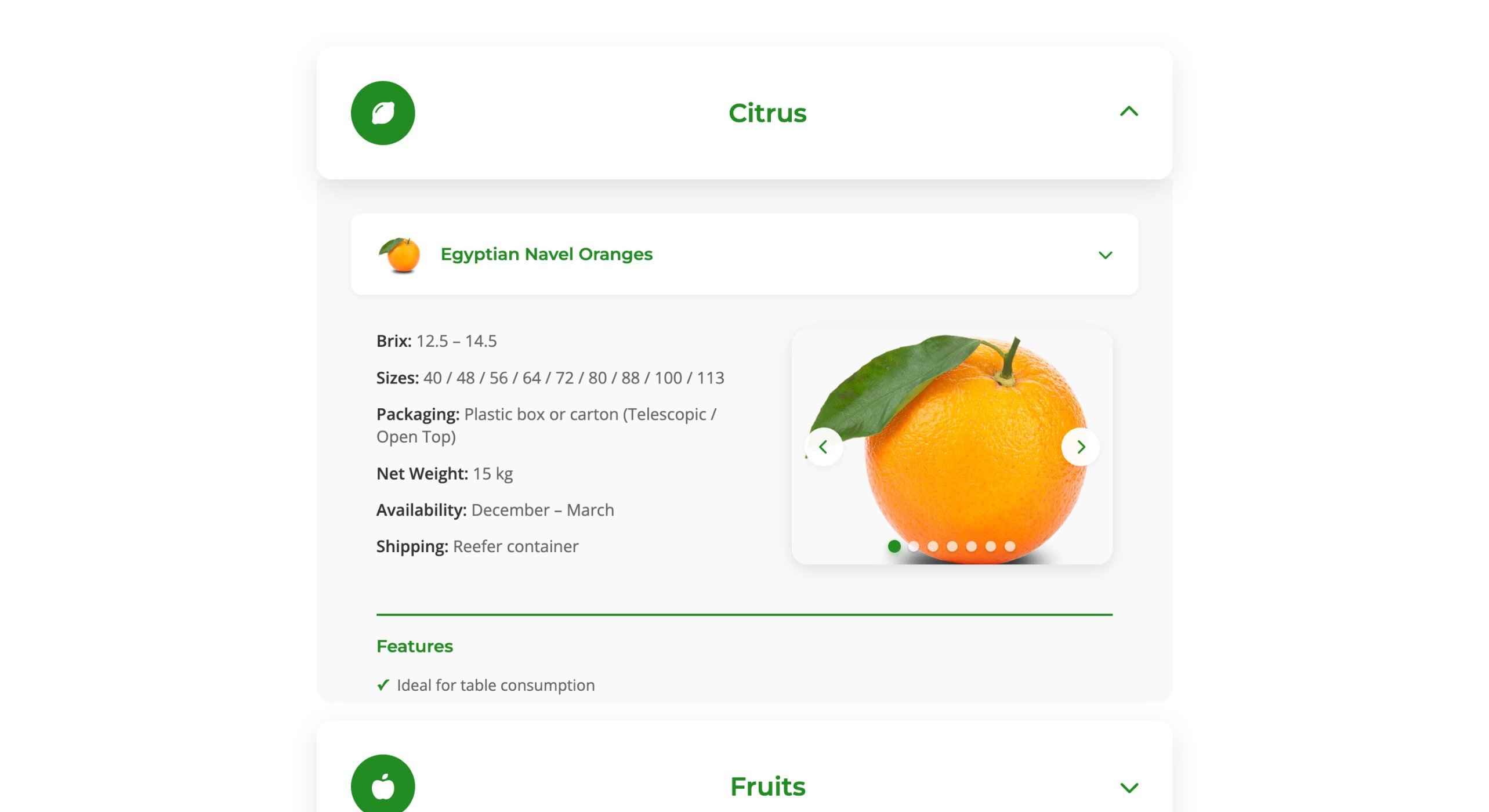 Expanded Citrus product category showing the Egyptian Navel Oranges product card with an image slider and structured specs