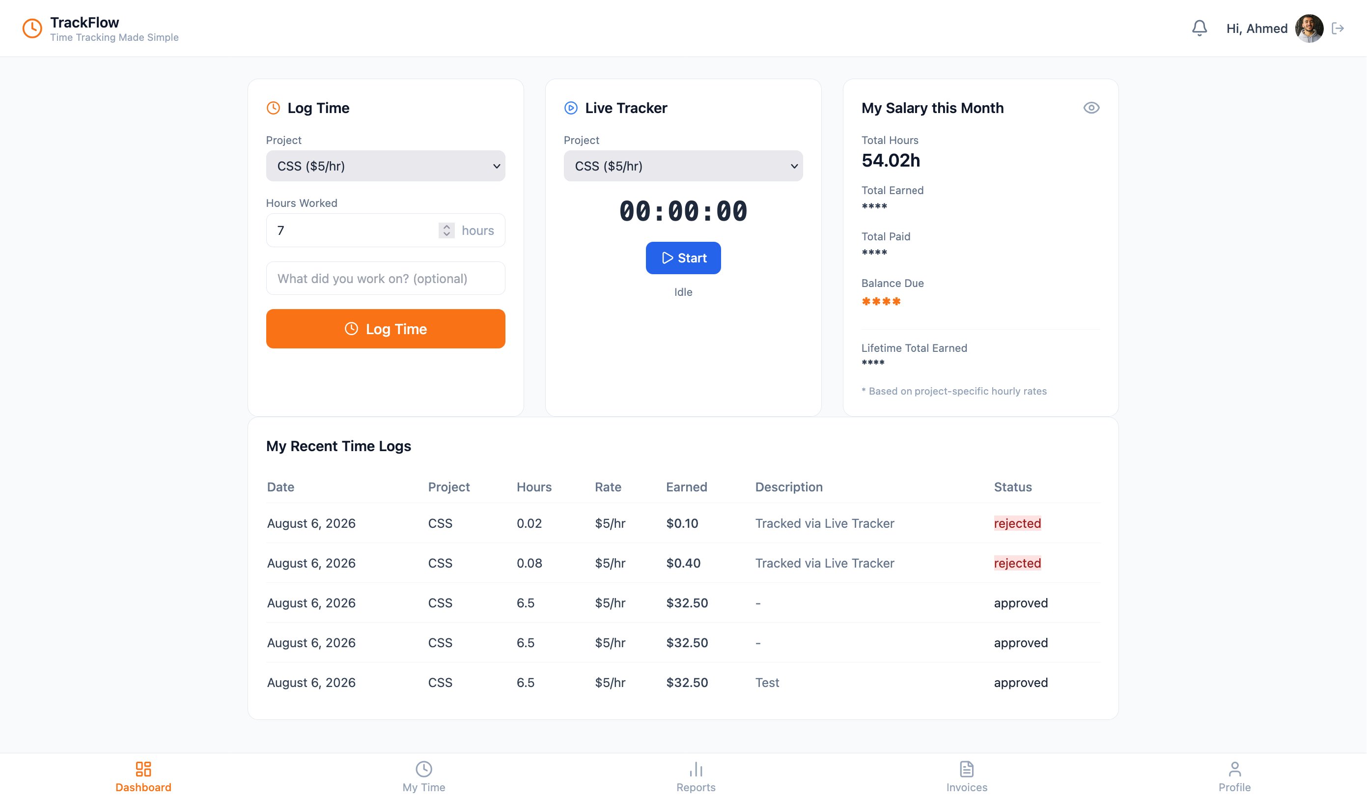 TrackFlow employee dashboard showing time logging, an idle live tracker, salary summary, and recent time logs